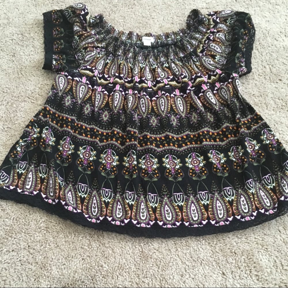 Garage vivid color tribal print lace hemmed crew - Picture 3 of 6